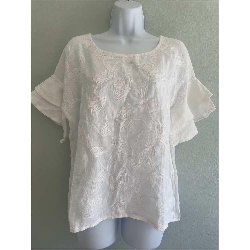VALENTINA NALDI Made in Italy White 100% Linen Embroidered Ruffle Sleeve Top S‎